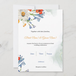 Convite de Casamento Floral em Aquarela Azul e Lar