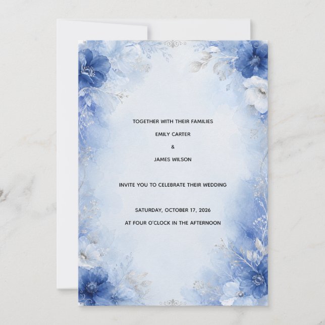 Convite de Casamento Floral em Aquarela Azul Elega (Frente)