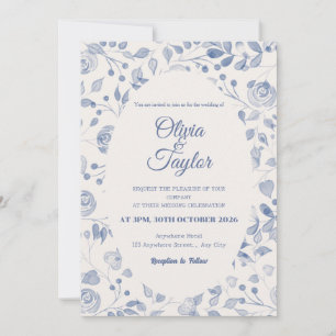 Convite de Casamento Floral em Aquarela Azul Empoe