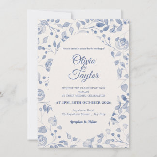 Convite de Casamento Floral em Aquarela Azul Empoe