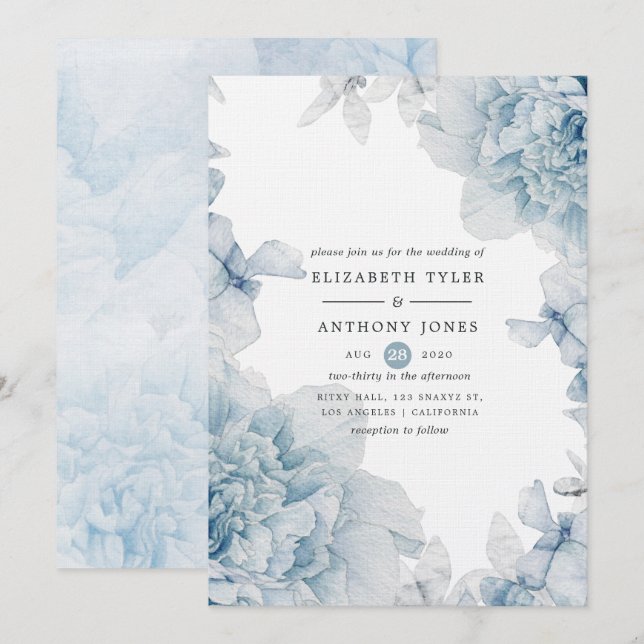Convite de casamento floral em aquarela azul empoe (Frente/Verso)