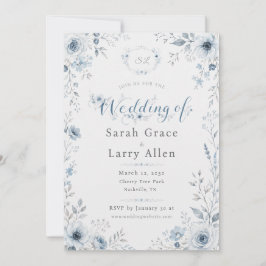 Convite de Casamento Floral em Aquarela Azul Empoe