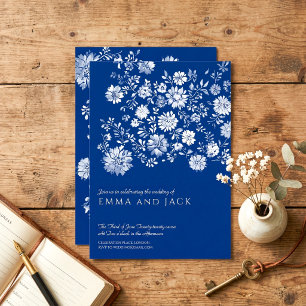 Convite de Casamento Floral em Aquarela Azul Marin