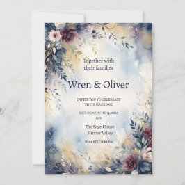 Convite de Casamento Floral em Aquarela Azul Pêsse