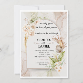 Convite de Casamento Floral em Aquarela Bege Elega