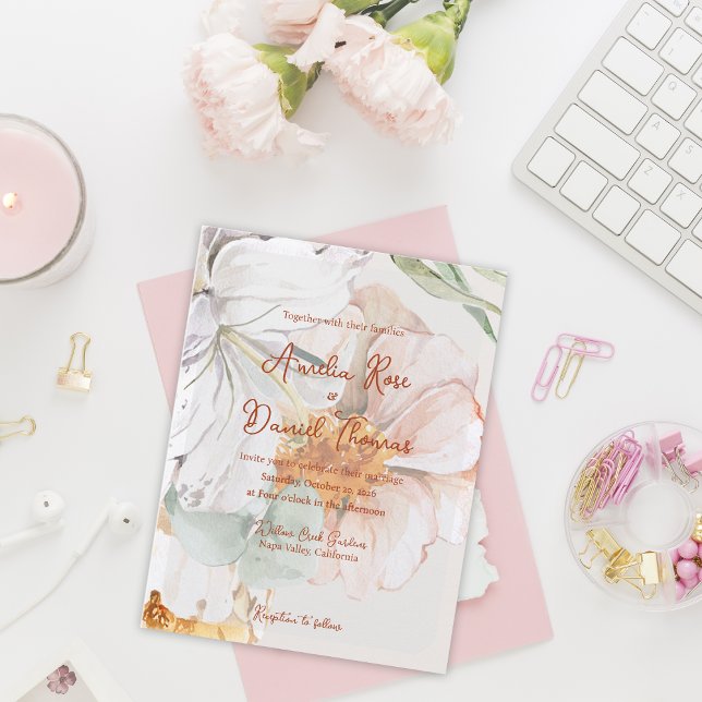 Convite de Casamento Floral em Aquarela | Bege Ros (Watercolor Floral Wedding Invitation | Blush Peach Garden Invite)