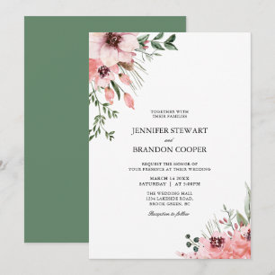 Convite de Casamento Floral em Aquarela Coral e Ve