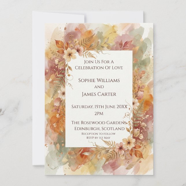 Convite de Casamento Floral em Aquarela de Outono (Frente)