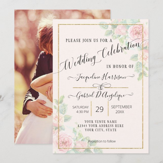Convite de Casamento Floral em Aquarela Dourada El (Frente/Verso)
