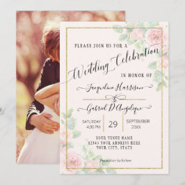 Convite de Casamento Floral em Aquarela Dourada El