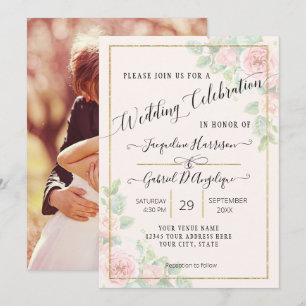 Convite de Casamento Floral em Aquarela Dourada El