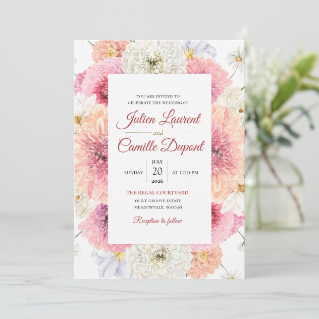Convite de Casamento Floral em Aquarela Elegante (Em pé/Frente)