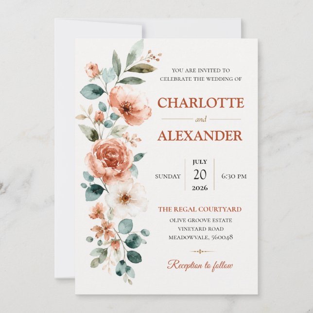 Convite de Casamento Floral em Aquarela Elegante (Frente)