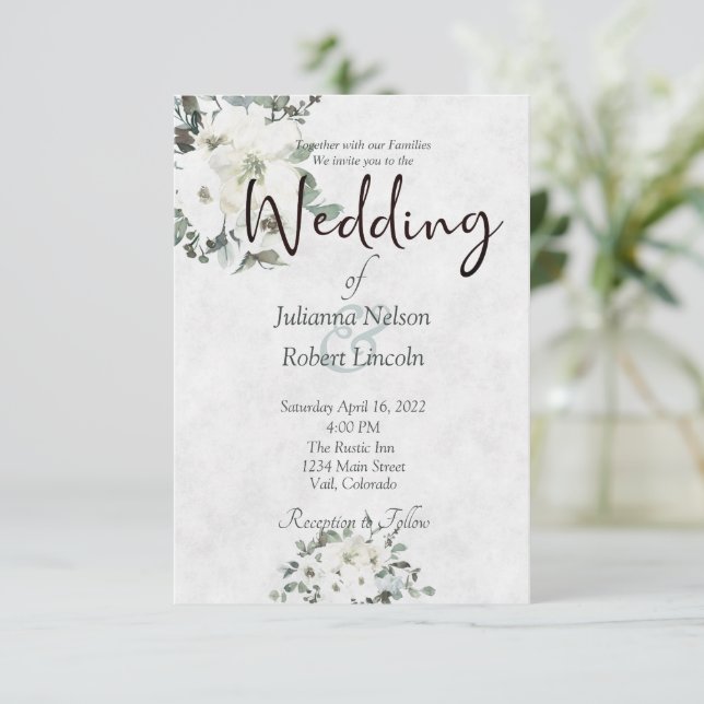 Convite de casamento floral em aquarela marfim (Em pé/Frente)