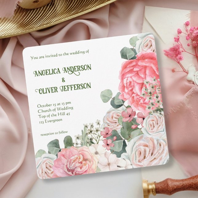 Convite de Casamento Floral em Aquarela Pastel Sua (Soft Pastel Watercolor Floral Wedding Square Invitation)