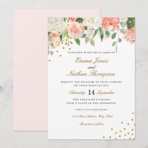 Convite de Casamento Floral em Aquarela Peach Gold