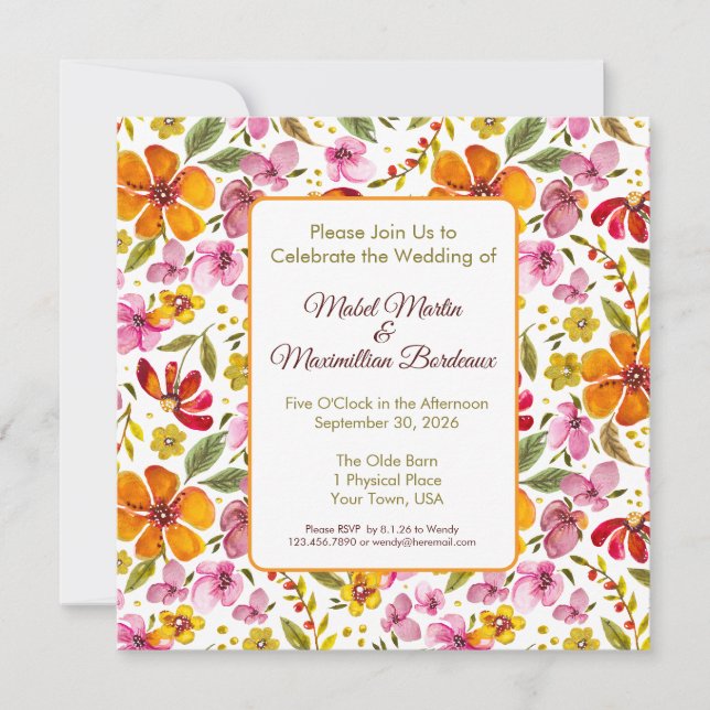 Convite de Casamento Floral em Aquarela Personaliz (Frente)