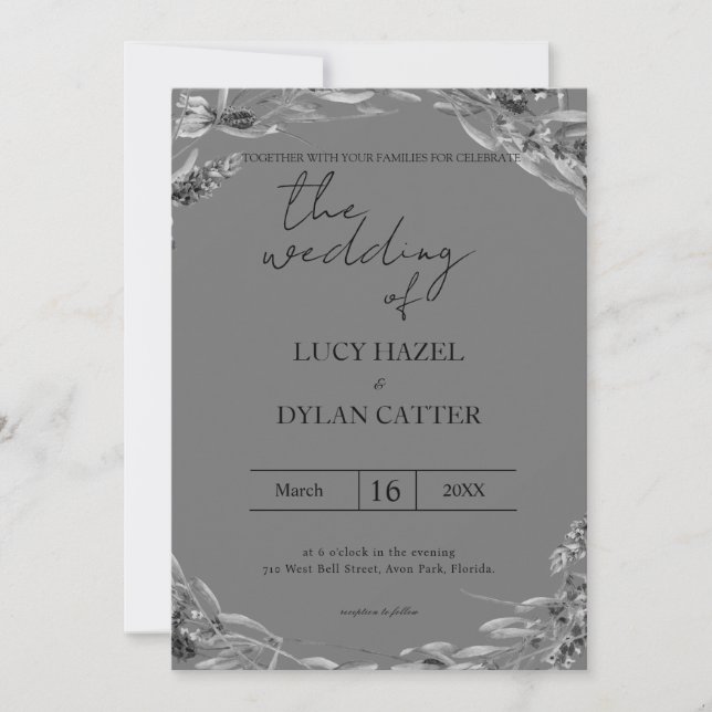 Convite de Casamento Floral em Aquarela Preto e Br (Frente)