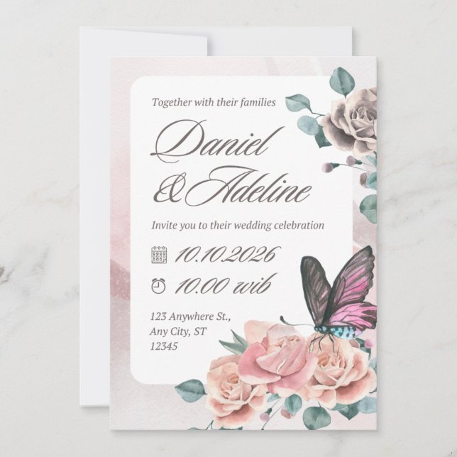 Convite de casamento floral em aquarela rosa (Frente)
