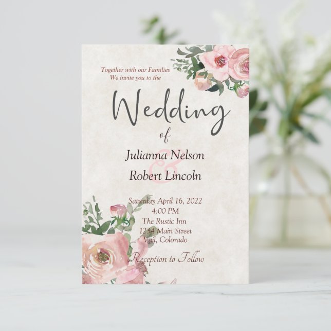 Convite de casamento floral em aquarela rosa (Em pé/Frente)