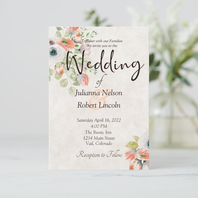 Convite de casamento floral em aquarela rosa e azu (Em pé/Frente)