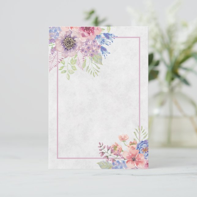 Convite de casamento floral em aquarela rosa e azu (Em pé/Frente)