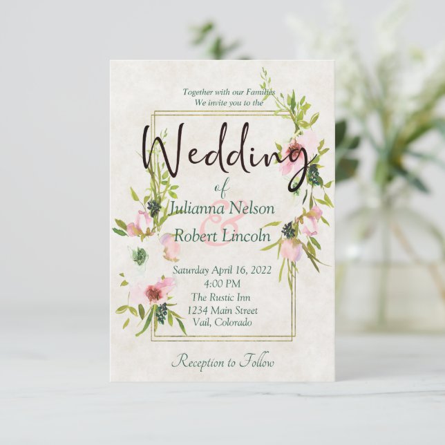 Convite de casamento floral em aquarela rosa e bra (Em pé/Frente)