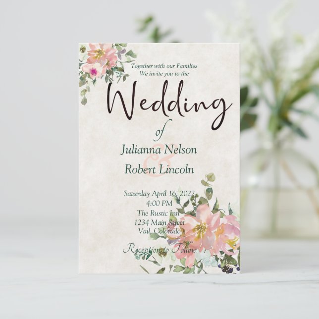 Convite de casamento floral em aquarela rosa e cas (Em pé/Frente)