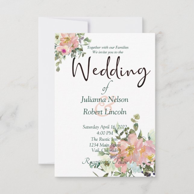 Convite de casamento floral em aquarela rosa e cas (Frente)