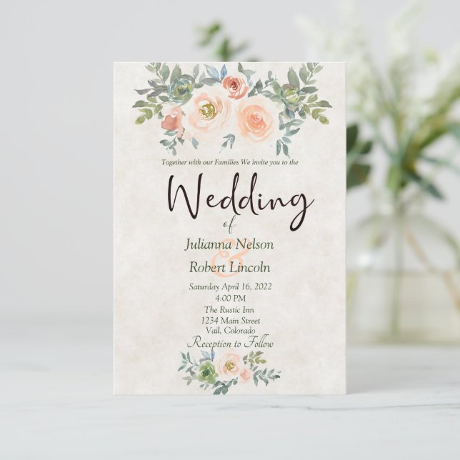 Convite de casamento floral em aquarela rosa e ver (Em pé/Frente)
