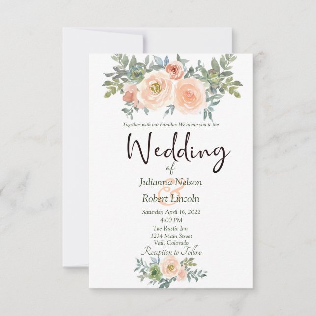 Convite de casamento floral em aquarela rosa e ver (Frente)