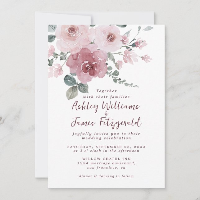 Convite de Casamento Floral em Aquarela Rosa Elega (Frente)