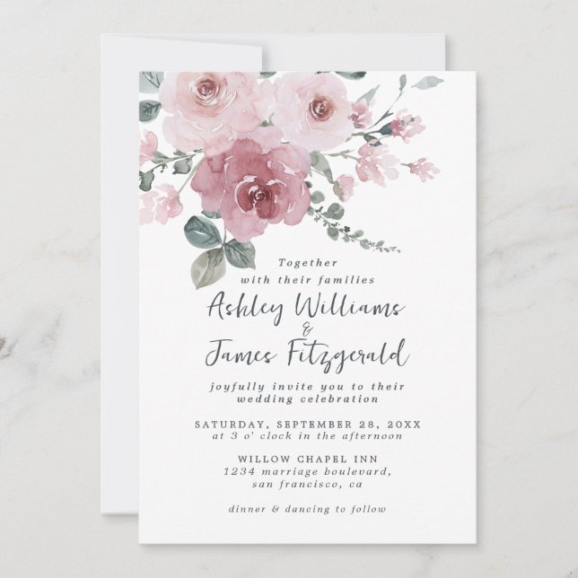 Convite de Casamento Floral em Aquarela Rosa Elega (Frente)