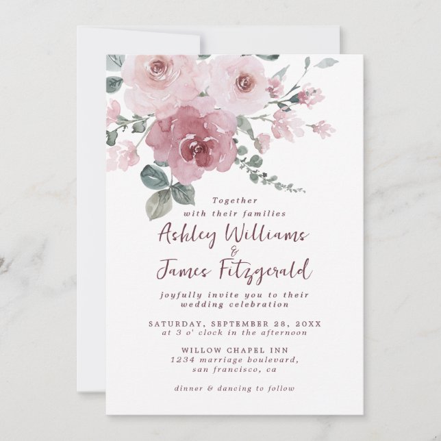 Convite de Casamento Floral em Aquarela Rosa Elega (Frente)