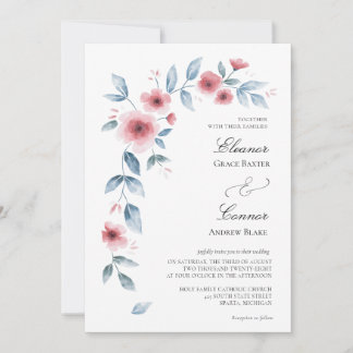 Convite de Casamento Floral em Aquarela Rosa Empoe