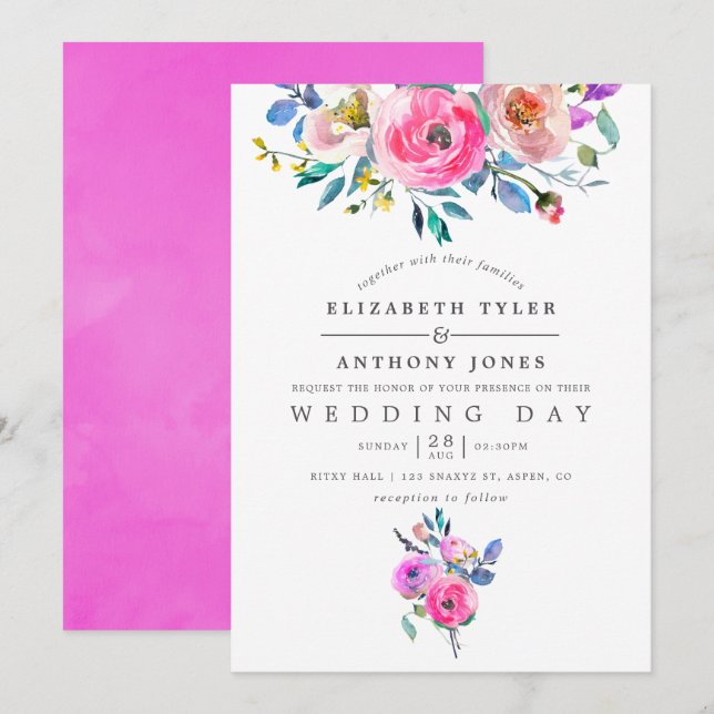 Convite de Casamento Floral em Aquarela Rosa-Inten (Frente/Verso)