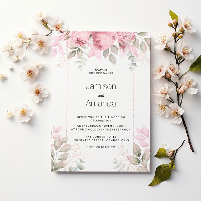 Convite de casamento floral em aquarela rosa menta (Watercolor blush pink mint white floral Wedding)