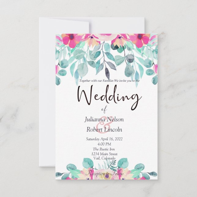 Convite de casamento floral em aquarela rosa para  (Frente)