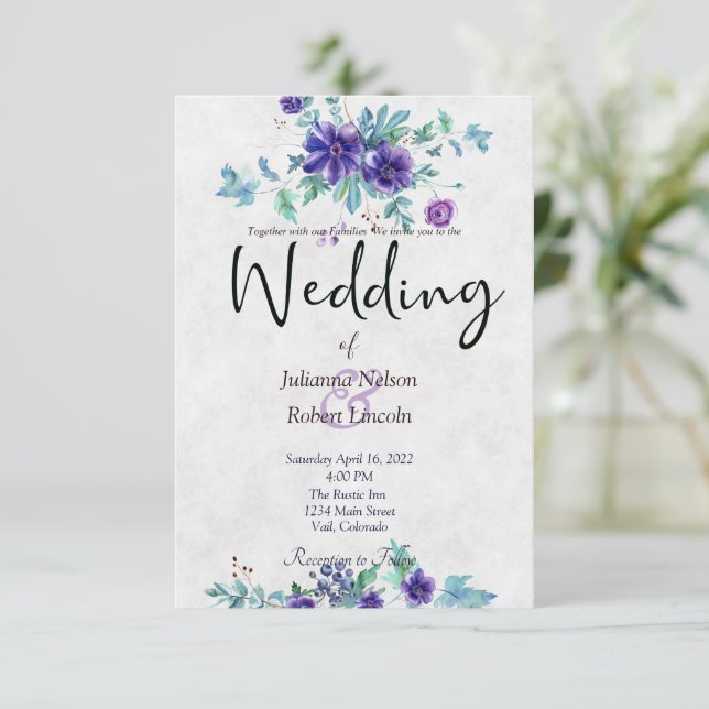 Convite de casamento floral em aquarela roxa (Em pé/Frente)