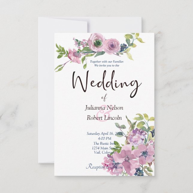Convite de casamento floral em aquarela roxa (Frente)