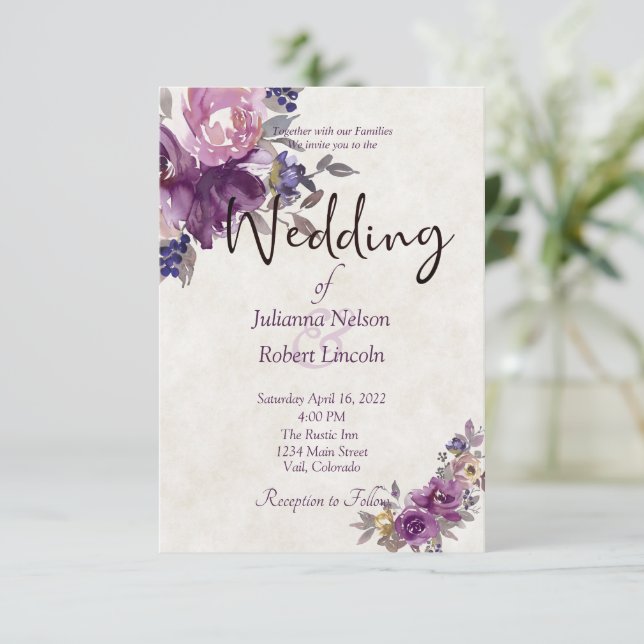 Convite de casamento floral em aquarela roxa (Em pé/Frente)