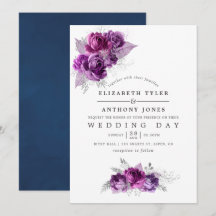 Convite de Casamento Floral em Aquarela Roxo e Azu