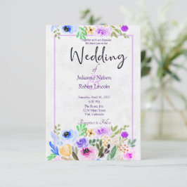 Convite de casamento floral em aquarela roxo e azu