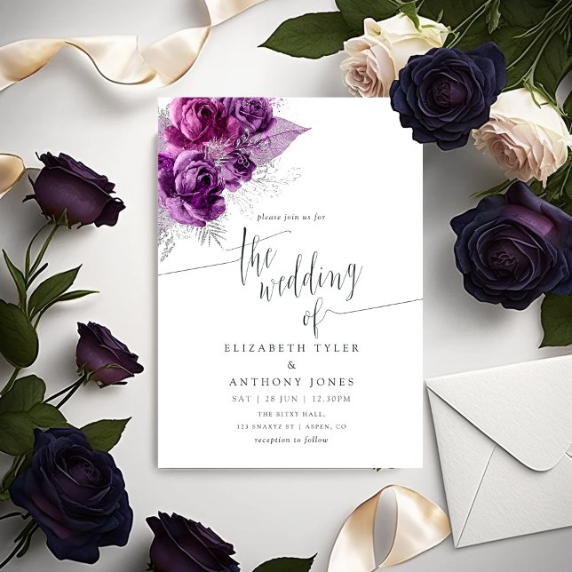 Convite de Casamento Floral em Aquarela Roxo e Azu (Criador carregado)
