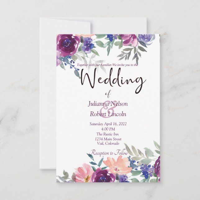 Convite de casamento floral em aquarela roxo e lar (Frente)