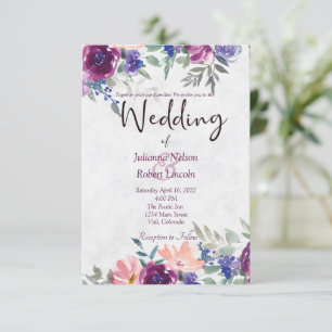 Convite de casamento floral em aquarela roxo e lar