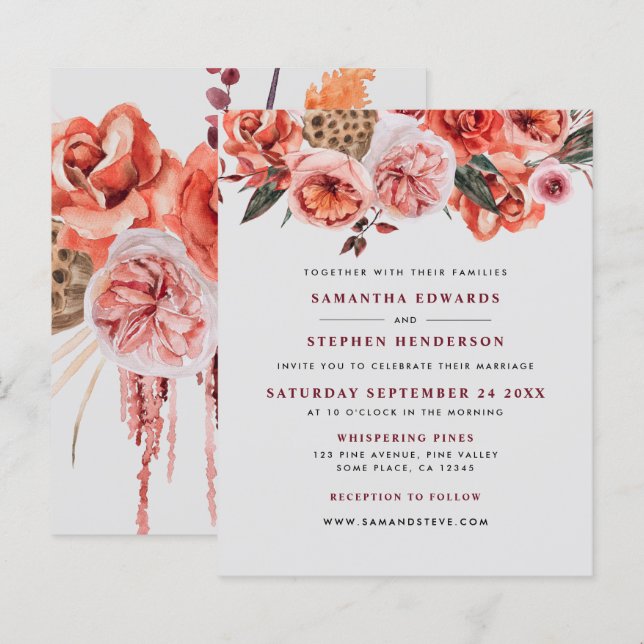Convite de Casamento Floral em Aquarela Rústica Ec (Frente/Verso)