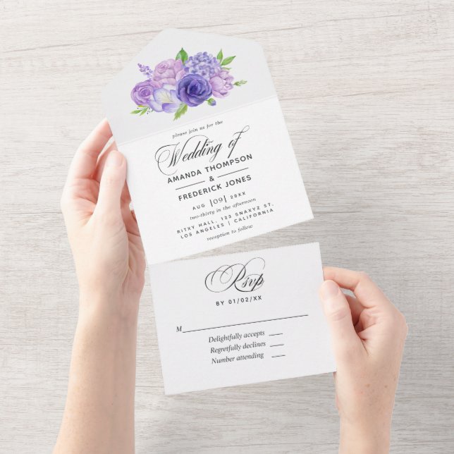 Convite de Casamento Floral em Aquarela Ultra Viol (Aba destacável)