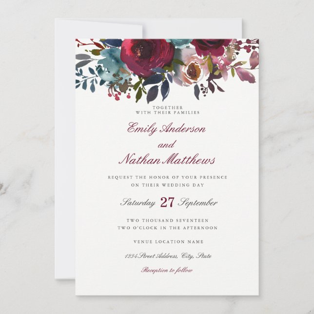 Convite de Casamento Floral em Aquarela Vermelho B (Frente)