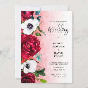 Convite de casamento floral em aquarela vermelho e
